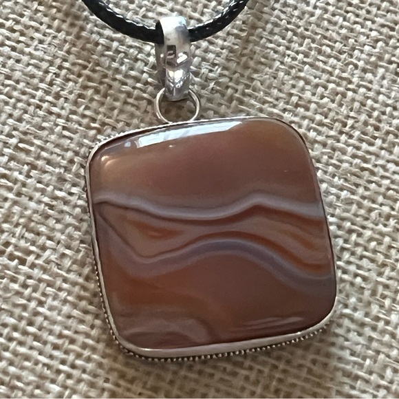 New Orange Sardonyx Agate Stone Silver Overlay Pendant w Cord - Picture 3 of 5